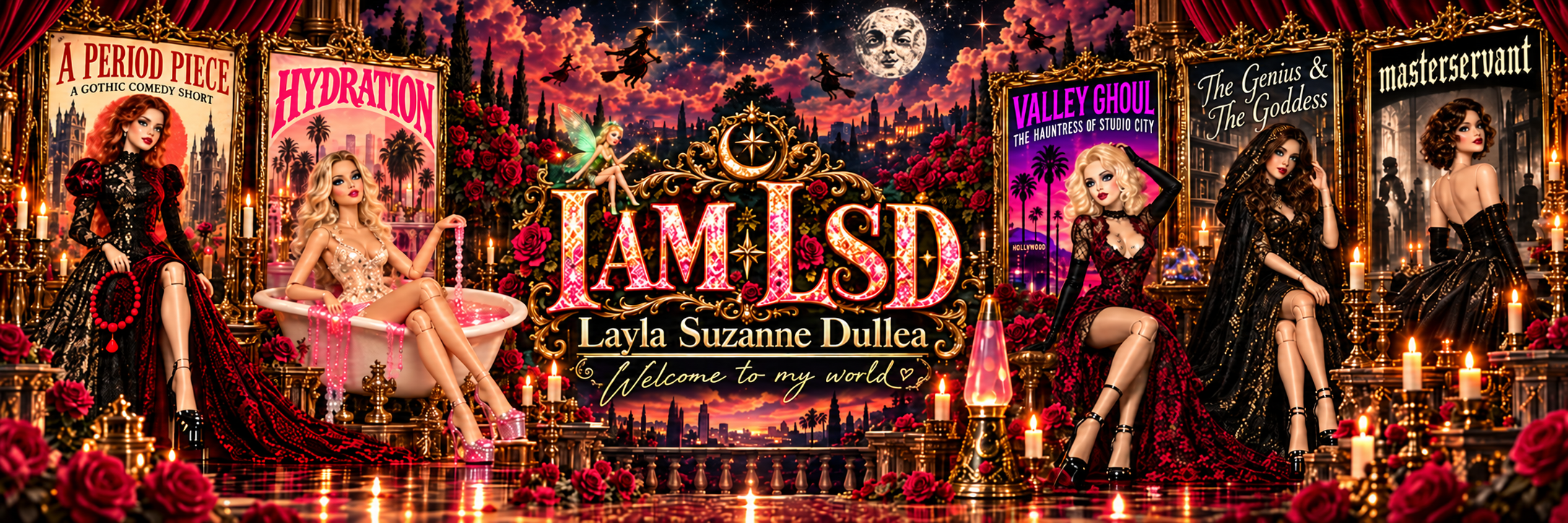 I AM LSD. Layla Suzanne Dullea. Welcome to my world. Posters for A Period Piece, Hydration, Valley Ghoul: The Hauntress of Studio City, The Genius & the Goddess, and masterservant.